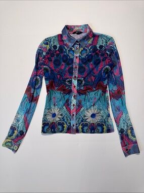 DESIGUAL Sheer Mesh Vibrant Floral Print Button-Front Women's Shirt Blue Pink S